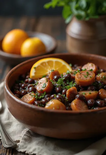 Feijoada füstölt kolbásszal, rizs és koriander díszítéssel