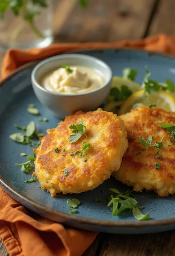 Frikadeller halból, citrommal és petrezselyemmel tálalva