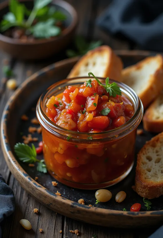 Füstölt fokhagymás paradicsom chutney tálalva