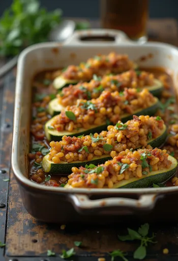 Fűszeres vegán töltött cukkini tálalva