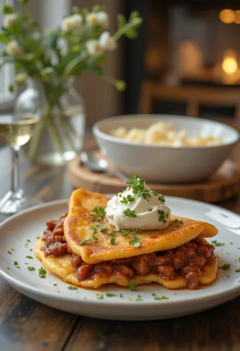 Guláš pancake gulyásos töltelékkel és tejföllel tálalva