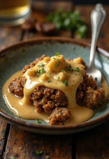 Haggis whisky-mártással, tejszínes, whisky-s mártásban tálalva, fűszeres haggissal