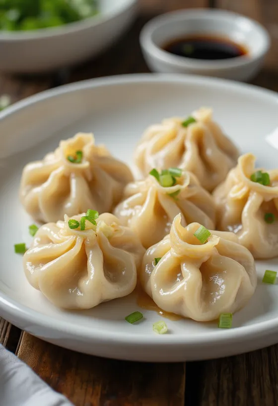 Kínai csirkés jiaozi főzve, világos tányéron, látható töltelékkel