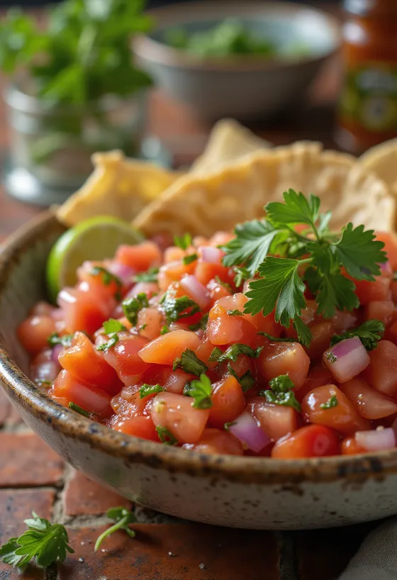 Korianderes paradicsomsalsa lime-mal tálalva