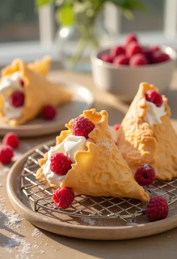 Krumkake málnával, friss porcukorral megszórva