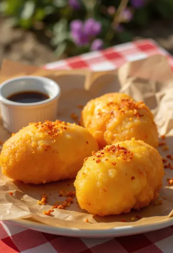 Kwek-kwek chilipehellyel, egy tányéron tálalva, ropogós bundás tojások