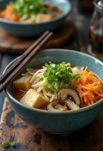 Kyoto-style ramen lágy zöldséges alaplével, tofuval és tojással tálalva