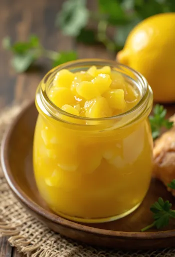 Lemon chutney üvegben, gazdag sárga színű fűszeres szósz