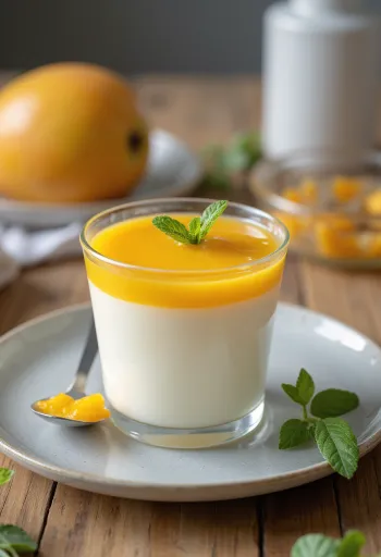Mangós panna cotta friss gyümölcsökkel és mangószósszal díszítve