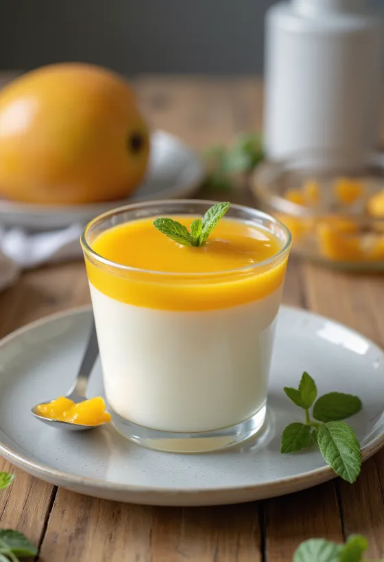 Mangós panna cotta friss gyümölcsökkel és mangószósszal díszítve