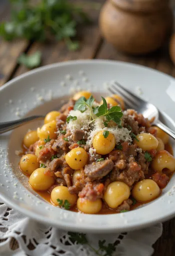 Marhahúsos gnocchi tálalva