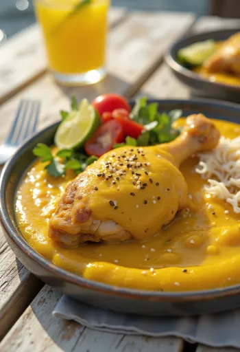 Mole amarillo tálalva csirkehússal, tejföllel és mandulával