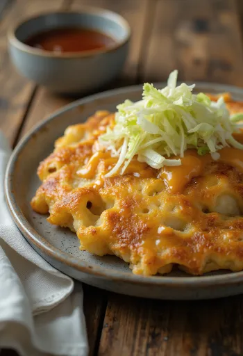 Okonomiyaki tofuval, egyenletesen sütve, friss káposztával és tofut darabokkal tálalva