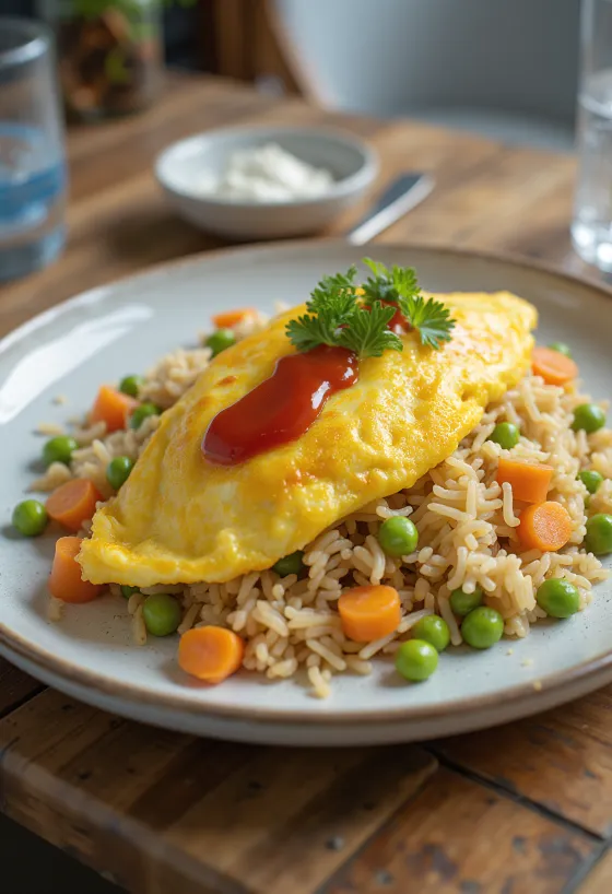Omurice tál zöldségekkel, tojással és rizses keverékkel