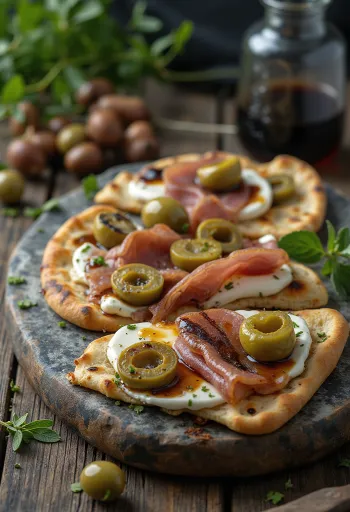 Piadina sonkával és zöld olívával tálalva