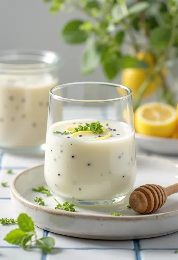 Probiotikus citromfű kefir poharakban, világos színű, frissítő megjelenésű ital