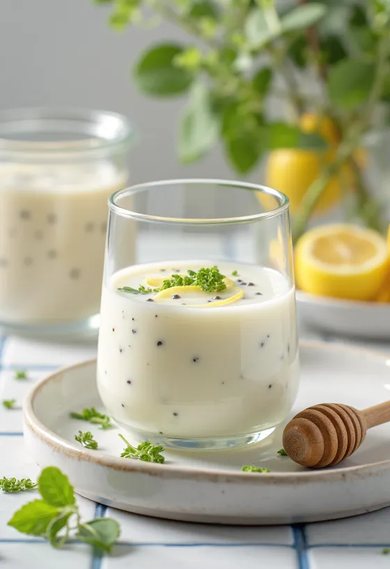 Probiotikus citromfű kefir poharakban, világos színű, frissítő megjelenésű ital