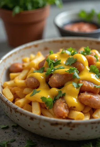 Salchipapas ají amarillo szósszal, friss korianderrel tálalva