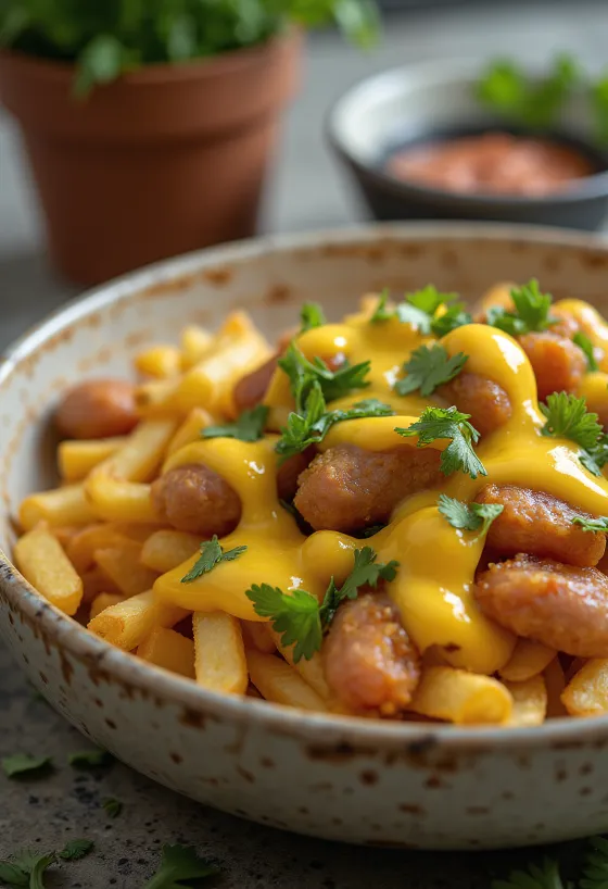 Salchipapas ají amarillo szósszal, friss korianderrel tálalva