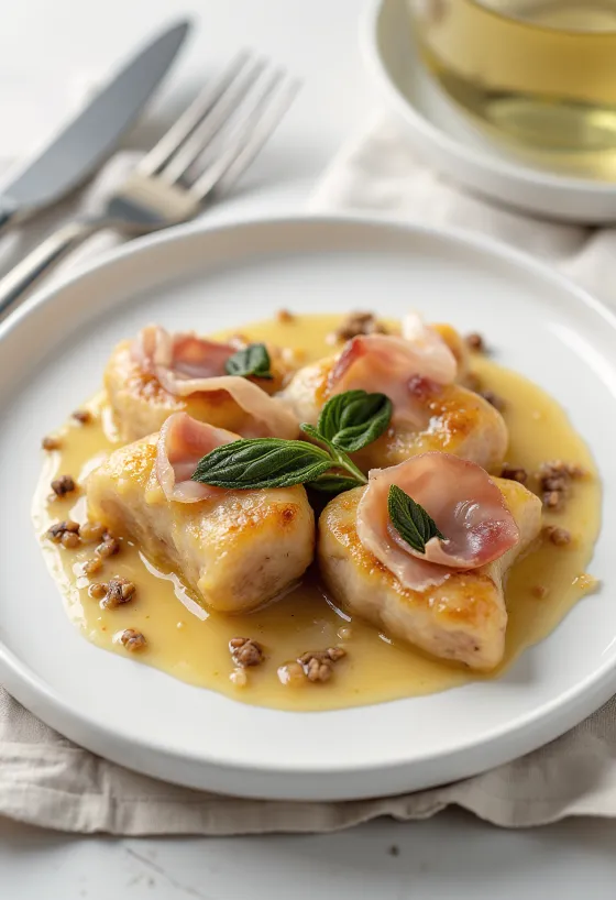 Saltimbocca fehérboros mártással, borjúhússal, prosciuttóval és friss fűszernövényekkel