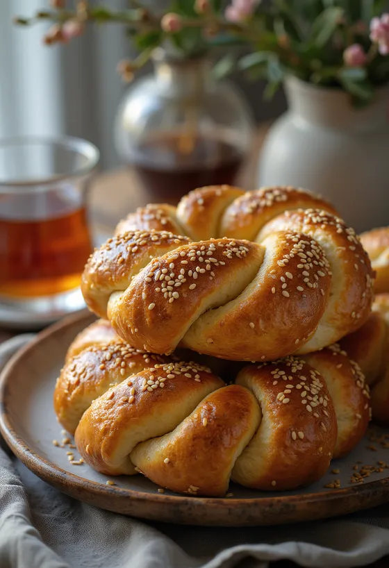 Simit mézes-szezámmagos tálalva, friss és ropogós péksütemények