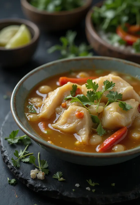 Sinigang túrós, hal és zöldségek egy tálban, friss korianderrel és limónádéval díszítve