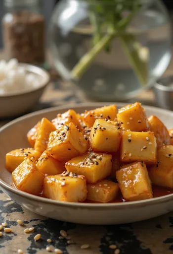 Sült tofu gyümölcsös pácban, szezámmaggal és korianderrel megszórva