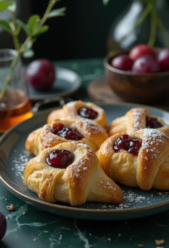 Friss, házi készítésű szilvalekváros kiflik, porcukorral megszórva.
