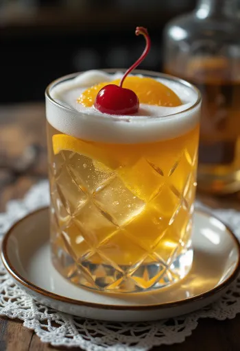 Whisky Sour koktél narancsszelettel és koktélcseresznyével díszítve