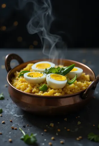 Bhuna khichuri tojással tálalva