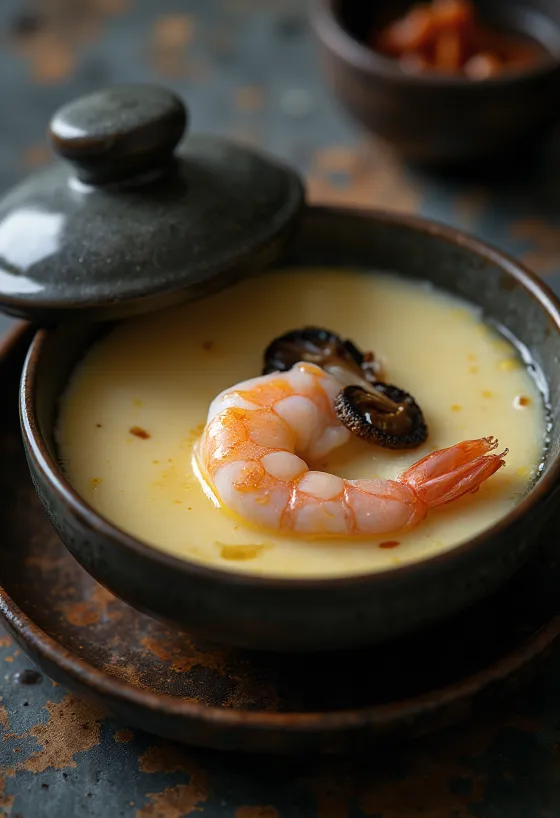 Chawanmushi szójaszósszal, shiitake gombával és korianderrel tálalva