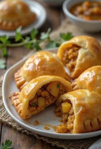 Cornish pasty fűszeres curry töltelékkel, gazdag és ropogós tésztával tálalva