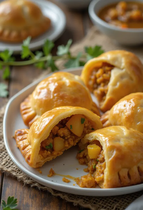 Cornish pasty fűszeres curry töltelékkel, gazdag és ropogós tésztával tálalva