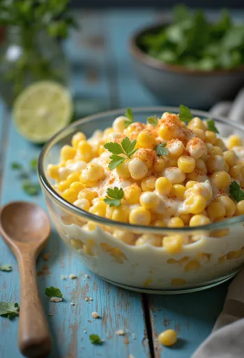 Esquites tejfölös szósszal, friss korianderrel tálalva