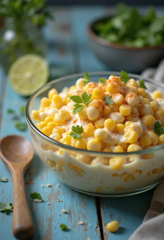 Esquites tejfölös szósszal, friss korianderrel tálalva