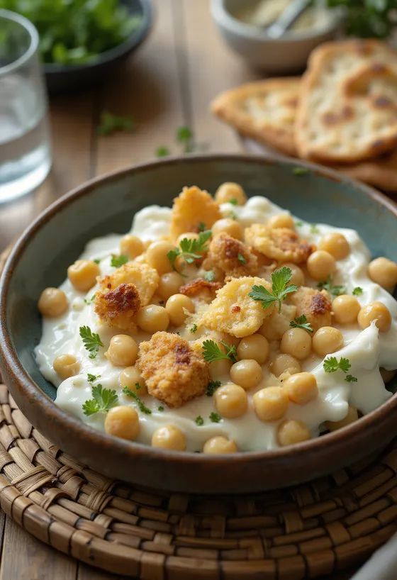 Fatteh fokhagymával, pirított pita darabokkal, csicseriborsóval, tahinis joghurttal és pörkölt fenyőmaggal.