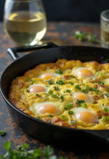 Frittata póréhagymával és gruyère sajttal, friss petrezselyemmel díszítve