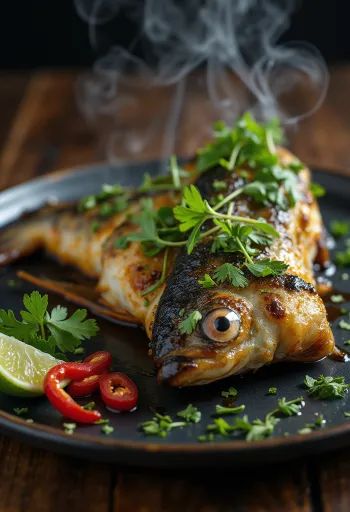 Ikan Bakar Makrélával, grillezett hal, szójaszósszal és friss korianderrel tálalva