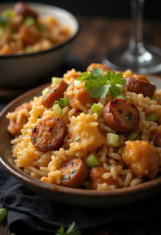 Jambalaya hússal és kolbásszal, rizses egytálétel gazdag fűszerezéssel