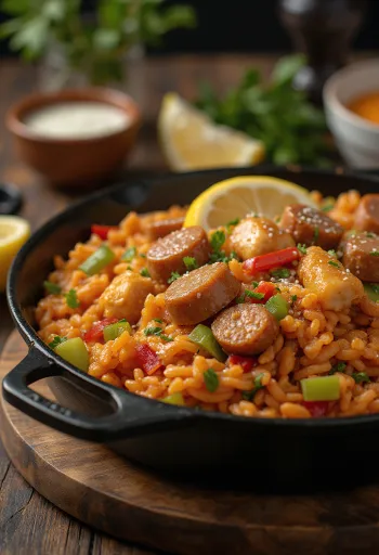 Jambalaya paprikával, csirkehússal és füstölt kolbásszal