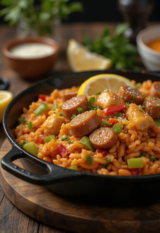 Jambalaya paprikával, csirkehússal és füstölt kolbásszal