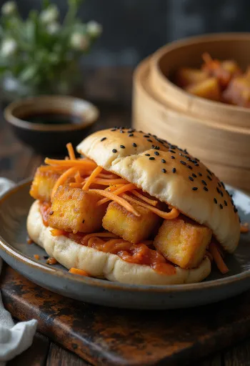 Kimchis és tofus bao bun tálalva