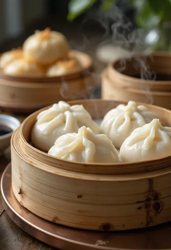 Kínai gőzölt baozi tálalva, bambusz gőzölőben, szorosan zárt tésztával