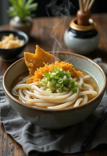 Klasszikus udon frissen tálalva, gazdag levesalappal, zöldségekkel és lágy tojással