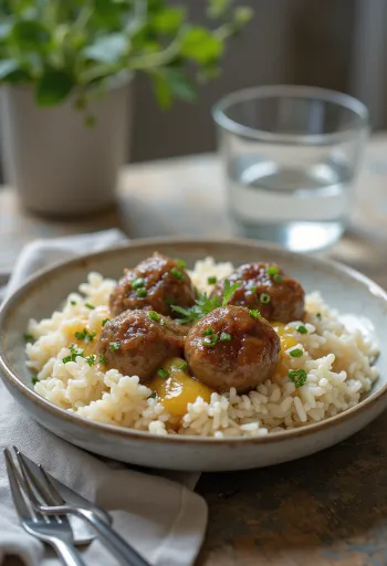 Köttbullar rizskörettel, egy tál friss húsgombóc rizs körettel, gazdag és ínycsiklandó