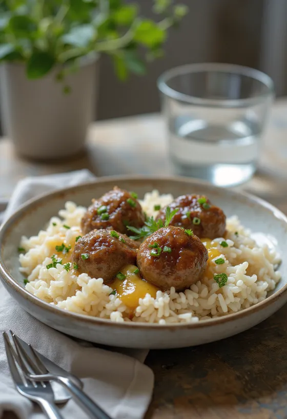 Köttbullar rizskörettel, egy tál friss húsgombóc rizs körettel, gazdag és ínycsiklandó