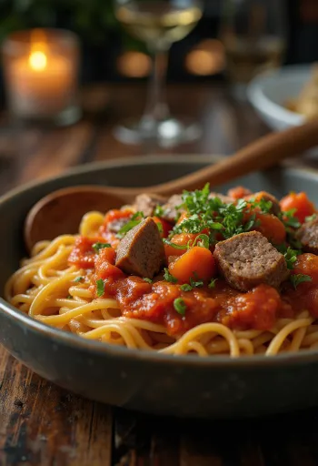 Lagman paradicsomszósszal, zöldségekkel és friss petrezselyemmel tálalva