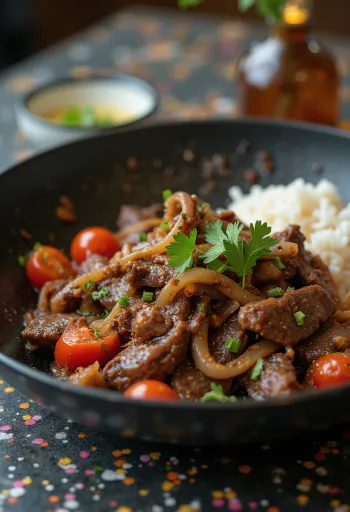 Lomo saltado gluténmentes szójaszósszal tálalva, friss zöldségekkel és marhahússal