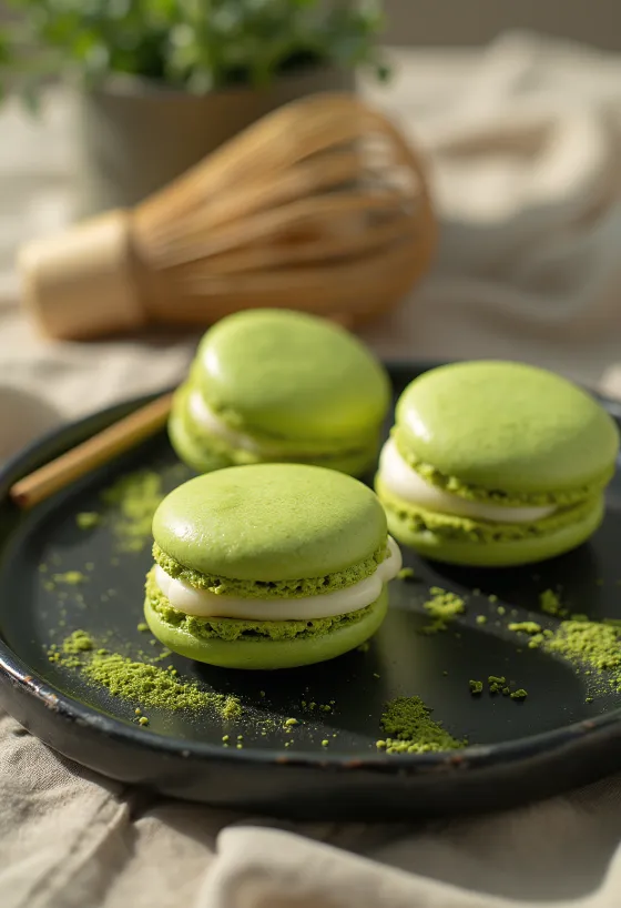 Matcha (zöld teás) macaron tálalva