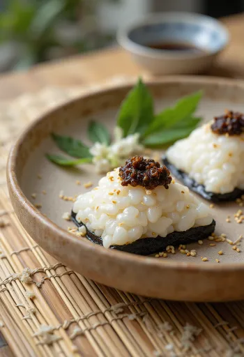 Negi-miso onigiri, rizsgolyó miso töltelékkel, szezámmaggal megszórva